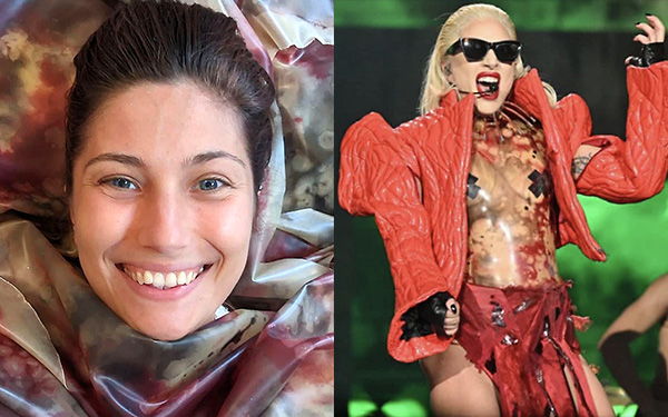 YUMMY GUMMY for sale: boss Rebecca (left) surrounded by her latex sheet design used by Vex Clothing to make Lady Gaga’s stage outfit, right