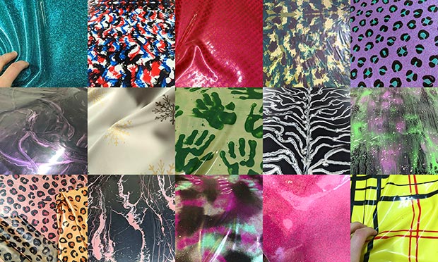 A random selection of patterned latex that has been available to clothing designers from Gummy Gummy over the years. (Note: images are to various different scales)