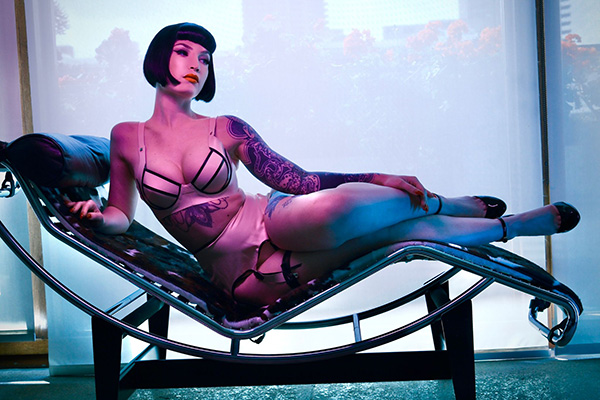 MIRIAM VEIL our September cover star, is also the poster girl for EctoMorph’s new Back to Black collection. Here she wears latex lingerie from the new collection (photo: Darren Birkin)