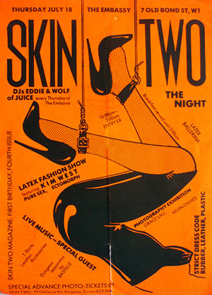 FLYER for the new Skin Two Club night at the Embassy that launched EctoMorph in July 1985; it also featured latex by Kim West and Pure Sex
