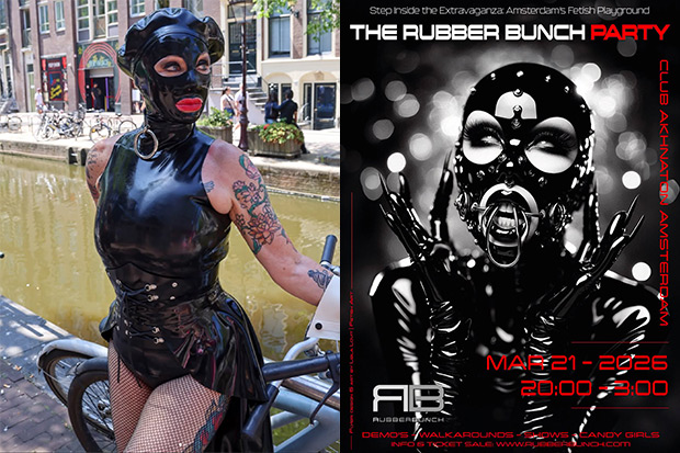 RUBBER BUNCH host Iris Fleur, left, pictured in Amsterdam’s Red Light District (photo: @spicyclicks). Right: Flyer art for The Rubber Bunch March 2026 edition created by Leila Lovit