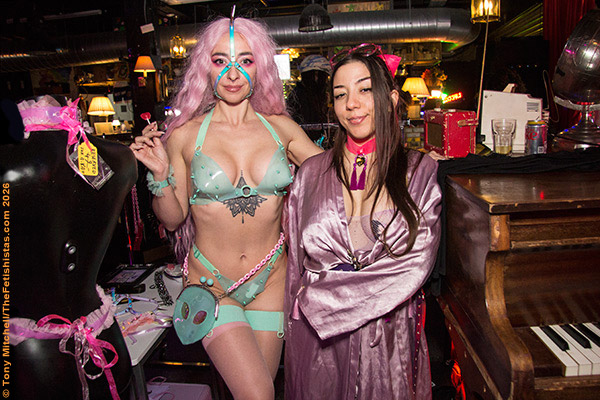 AFTERNOON DELIGHTS: Amsterdam fetish model Lotte LaVey, left, on her Lunar Larva stand at Sep 20’s Exxtravaganza with its host, House of Harlot’s Iris Trika, right (photo: Tony Mitchell)